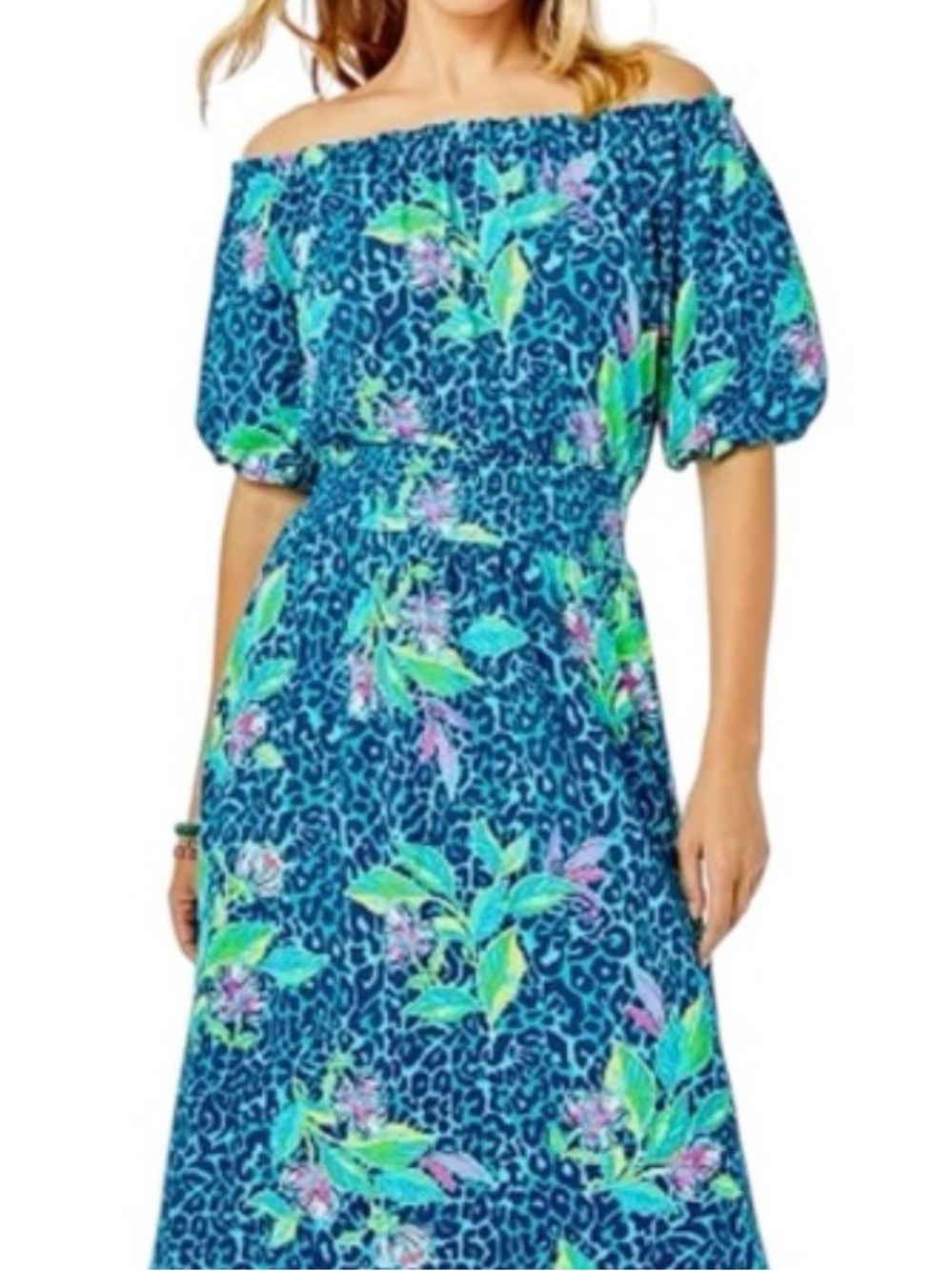 Lilly Pulitzer Off-Shoulder Blue Floral Midi Dress